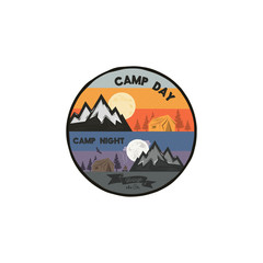 Camp day and camp night outdoor adventure concept. Unique camping emblem, badge. Included mountains, tent, bonfire, eagle symbols and elements. Letterpress effect. Stock vector illustration