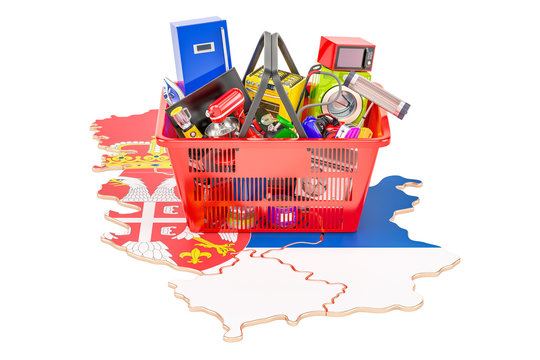 Map of Serbia with shopping basket full of home and kitchen appliances, 3D rendering