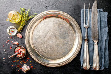  Frying Pan Cast Iron for grilling empty frying pan and meat fork on  dark wooden texture background