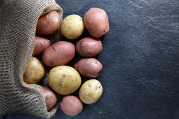 Red and Gold potatoes in hessian sack on slate table top with copy space