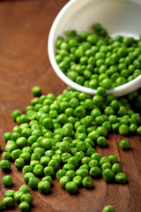 Green peas.In white bowl.On wooden background, table.Copy space.Selective focus