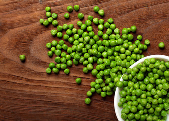 Green peas.In white bowl.On wooden background, table.Top view .Copy space