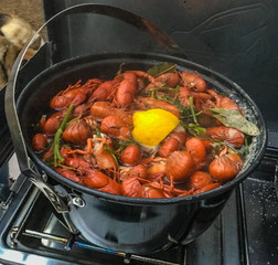 Crawfish boiling with lemon in hot water