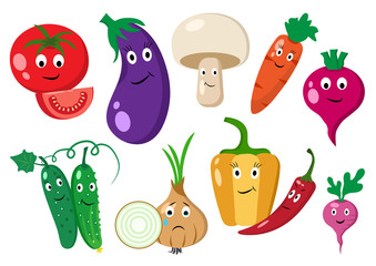 Set of vegetables. Cartoon vegetables with emotions. Vector illustration