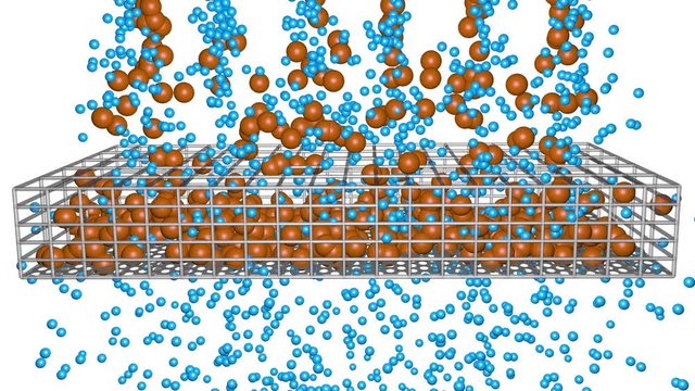 Water drops pass through filter. Dirt , debris particles captured, stick inside filter