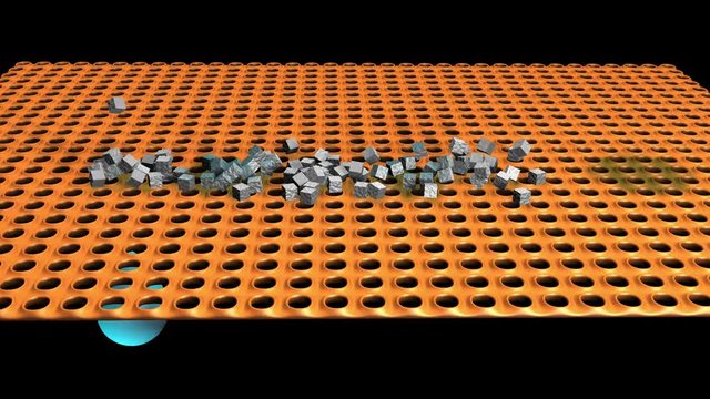 Water drops and debris collide with filter, dirt captured and removed
