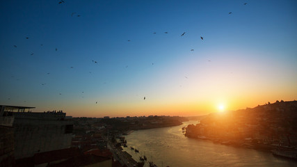 View of Douro river from Dom Luis I bridge during amazing sunset, Porto, Portugal.
