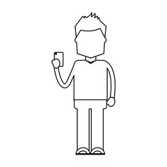 character holding in hand smartphone device vector illustration outline image