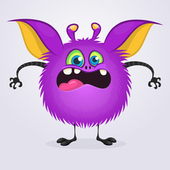 Scared  cartoon monster waving hands. Halloween vector illustration of violet monster character. Design for print, sticker or party decoration