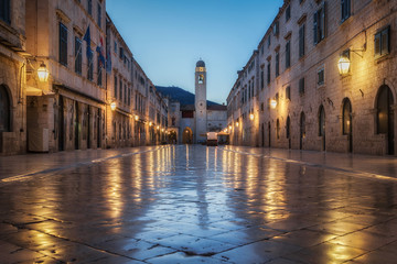 Old town of Dubrovnik with famous Stradun in twilight, Dalmatia, Croatia