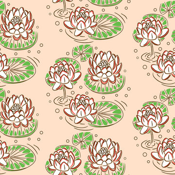 Water lily pastel pink vector seamless pattern. Flowers on pond background.