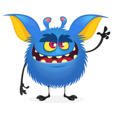 Scary cartoon monster gremlin with a big mouth waving hand. Halloween vector illustration
