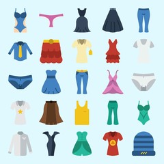 icons set about Women Clothes. with sleeveless, shirt, swimsuit, dress, winter hat and pants