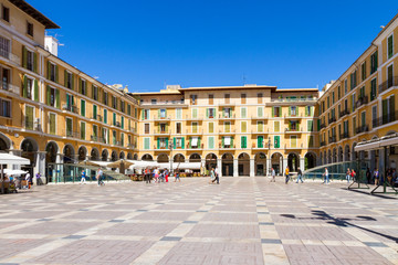 Panoramic morning view of the famous Plaza Major in Palma de Mallorca Spain Baleric Islands.