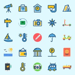 icons set about Travel. with umbrella, van, car, wallet, sailboat and sport bag