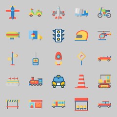icons set about Transportation. with direction sing, taxi, driving license, bus, all terrain and plane