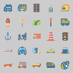 icons set about Transportation. with truck, car key, garage, car, train and stick