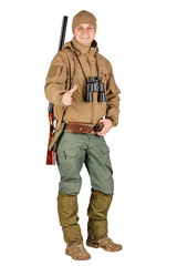 Fototapeta premium Full length portrait of a male hunter with double barreled shotgun Isolated on white background. hunting and people concept.