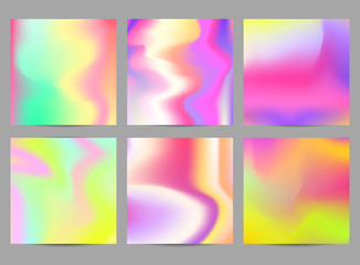Fluid iridescent multicolored backgrounds. Vector illustration of fluids. Poster set with holographic neon effect. Applicable for flyer, banner, poster, brochure, card.