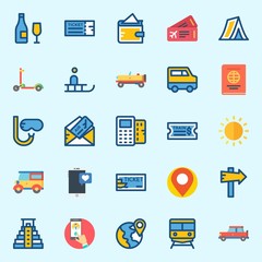 icons set about Travel. with placeholder, panel, location, snorkel, tent and passport
