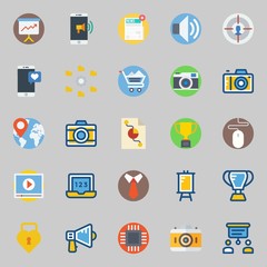 icons set about Digital Marketing. with photo camera, mouse, video player, presentation, smartphone and padlock