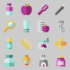 icons set about Beauty. with aromatherapy, band aid, deodorant, cologne, eyelashes curler and apple