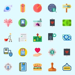 Icons set about Lifestyle with paper work, online education, cosmetics, hamburger, library and smartphone