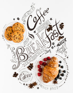 Hand Drawn Breakfast Lettering Typography with classic Phrases in a vintage composition.