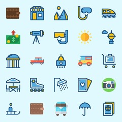 icons set about Travel. with photo camera, shower, skyscraper, train, terrace and wallet