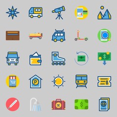 icons set about Travel. with train, money, sun, travel bus, roller skate and smartphone