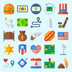 icons set about United States. with washington monument, salon, soda, location, space needle and hamburger