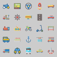 icons set about Transportation. with road, scooter, zeppelin, cable car, road block and double decker