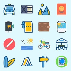 icons set about Travel. with thermometer, passport, terrace, smartphone, sun and motorbike
