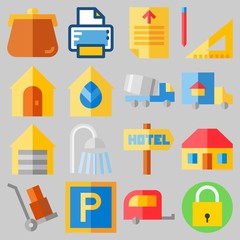 Icon set about Real Assets with keywords printer, truck, shower, padlock, maps and flags and measuring