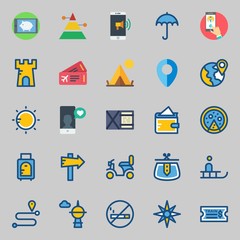 icons set about Travel. with umbrella, pyramid, smartphone, motorbike, plane and panel