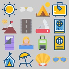 Fototapeta premium Icon set about Beach And Camping with keywords suitcase, road, swimmer, sleeping bag, passport and sun
