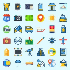 Icons about Travel with windrose, photo camera, sun, tower, ship and smartphone