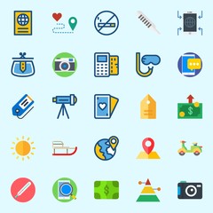 Icons set about Travel with telescope, photo camera, poker, route, purse and passport