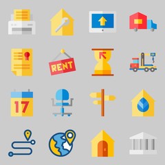 Icons set about Real Assets. with sand clock, route and truck