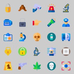 icons set about Crime Investigation. with eye scan, id card, security camera, flashlight, microscope and tape recorder