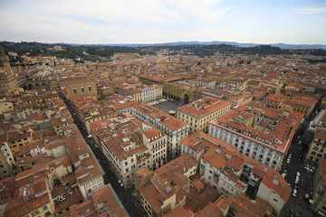 Fototapeta na wymiar City center panorama, aerila view, Florence, Tuscany, Italy; roofs, buildings and streets.