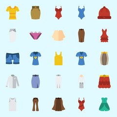 Icons set about Women Clothes with panties, winter hat, dress, swimsuit, skirt and sleeveless