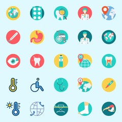 icons set about Medical. with visibility, stomach, tablets, sprain, worldwide and location