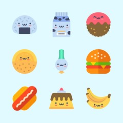 Icons about Food with pudding, bananas, milk, hamburger, onigiri and melon