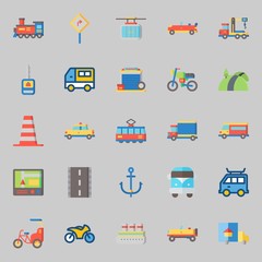 icons set about Transportation. with tram, car key, road sing, motorbike, truck and garage