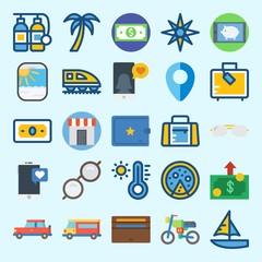 icons set about Travel. with money, oxygen tank, sport bag, smartphone, motorbike and sunglasses