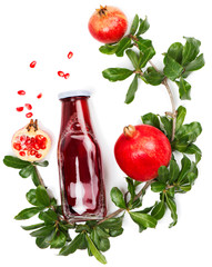 Ripe pomegranate fruits, seeds and juice.