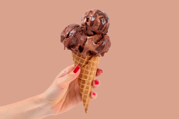 Chocolate  ice cream cone on white background.