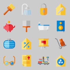 Icons set about Real Assets. with relax, plan and wheelbarrow