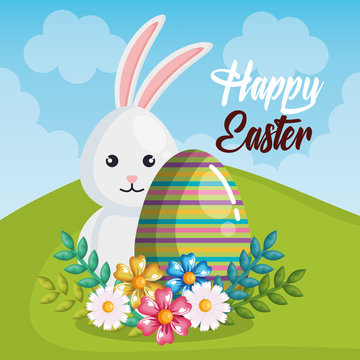 rabbit with eggs painted easter celebration vector illustration design